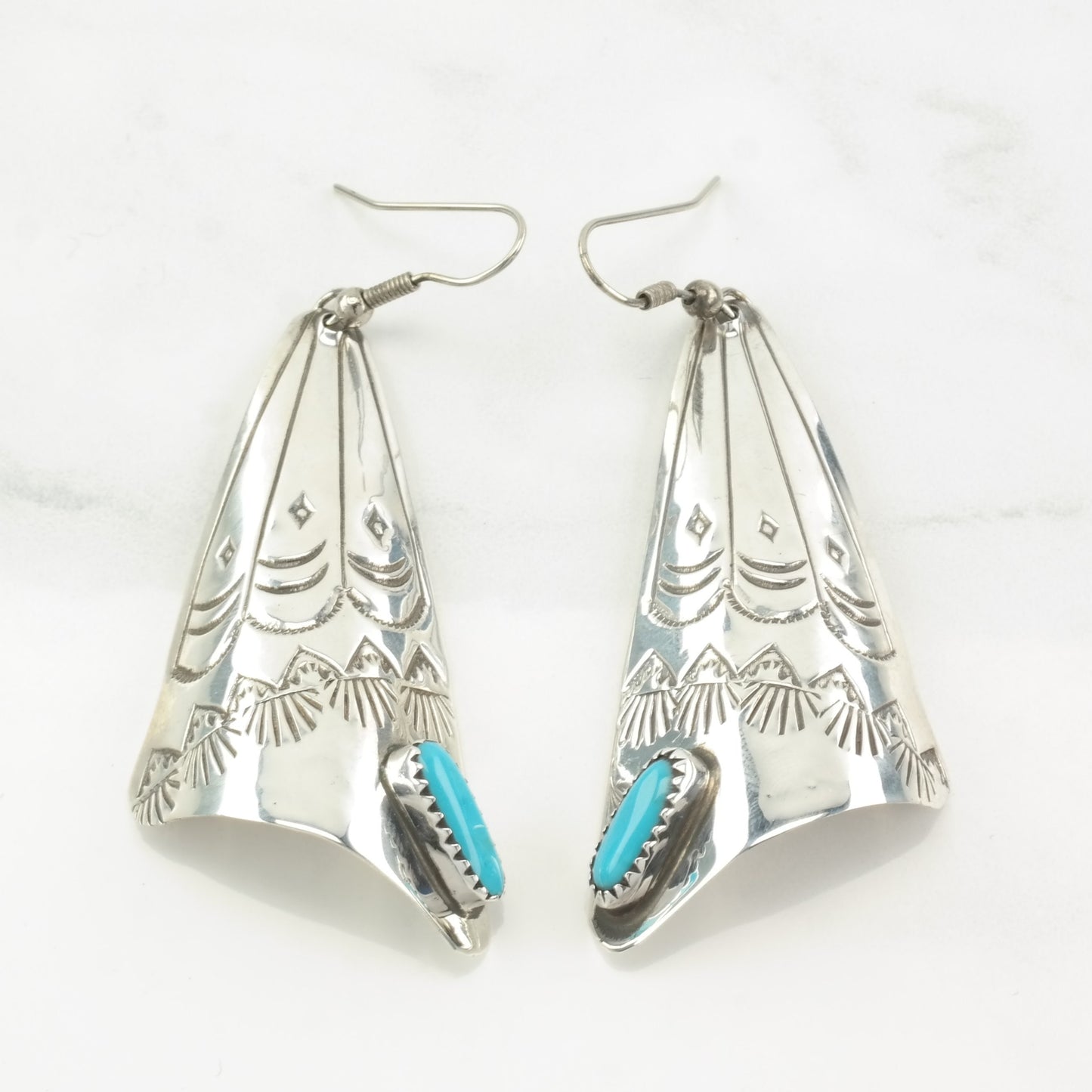 Native American Sterling Silver Blue Turquoise Stampwork Earrings Fish Hook, Dangle