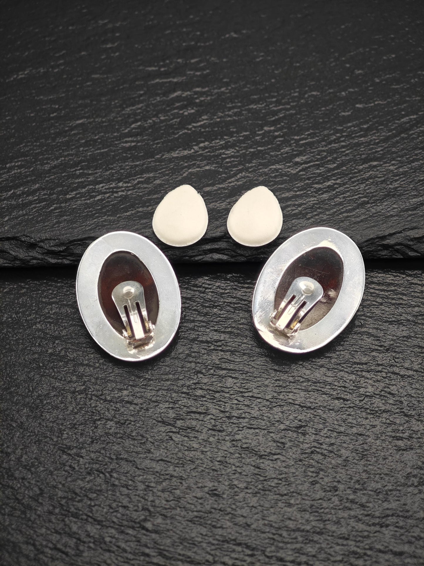 Large Modernist Amber Sterling Silver Clip On Earrings