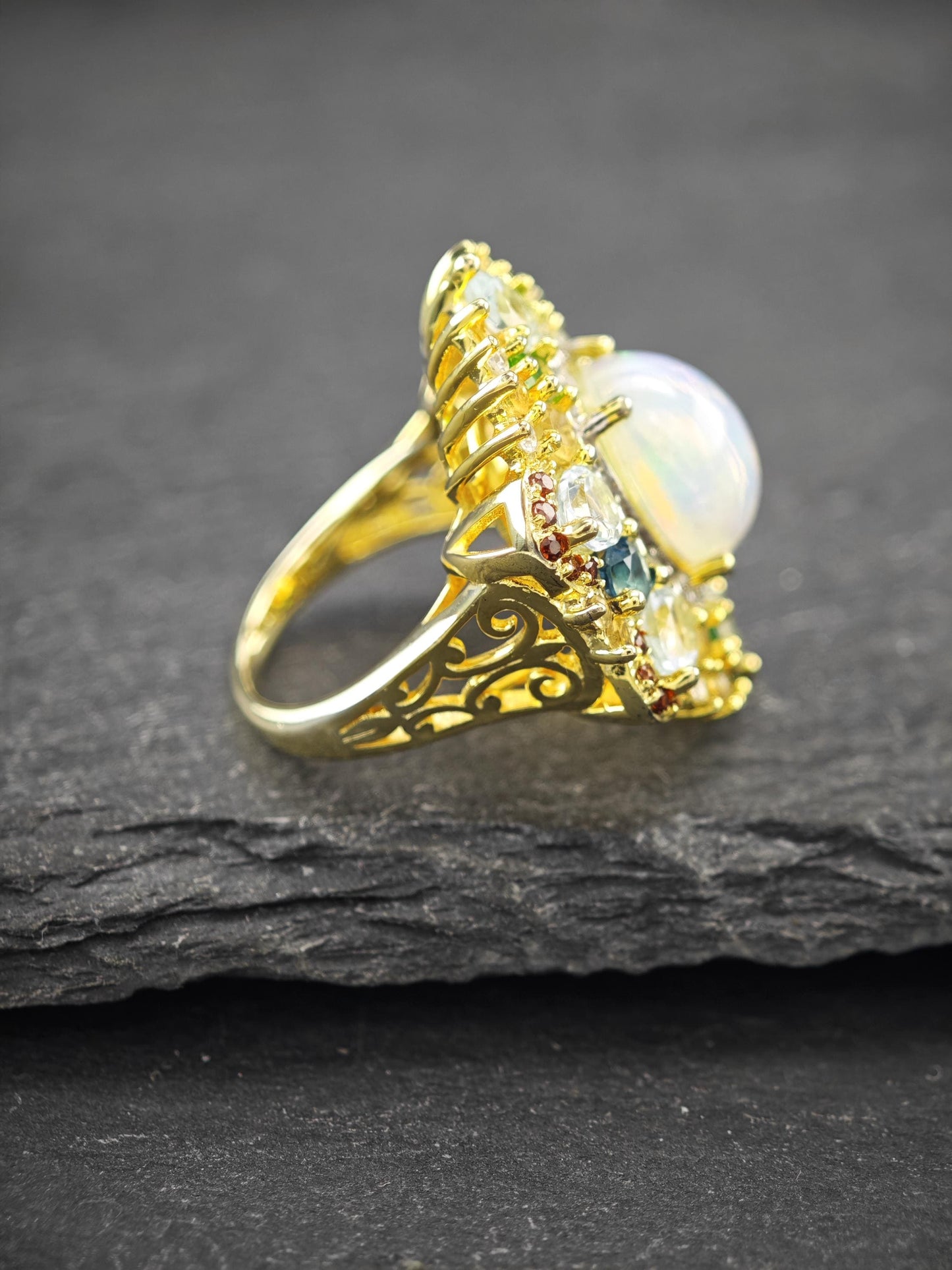 Vintage Multi-stone, Topaz, Opal Ring Sterling Silver