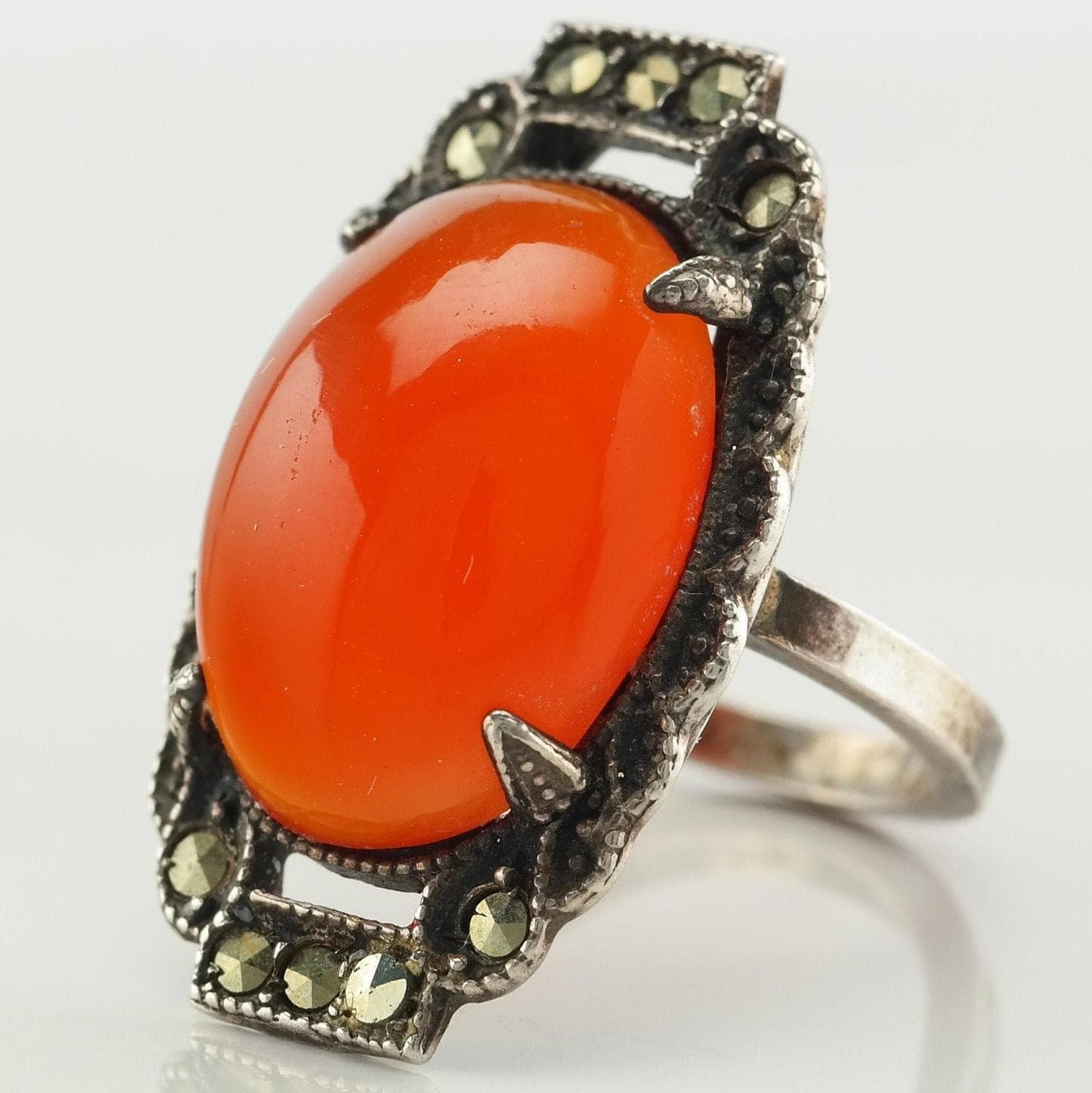 Art Deco Sterling Silver Ring Sz5 Rust Marcasite Carnelian R2171