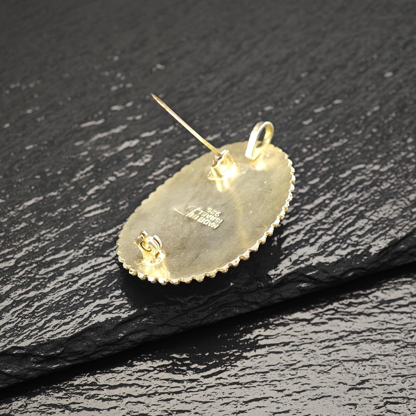 Eilat Stone Pendant/Brooch in Sterling Silver, Gold Gilded with Imitation Pearls