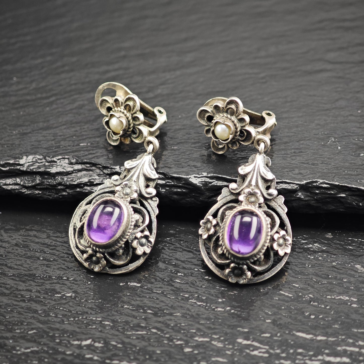 European Art Nouveau Cabochon Amethyst, Pearl Clip On Sterling Silver Earrings ER3197