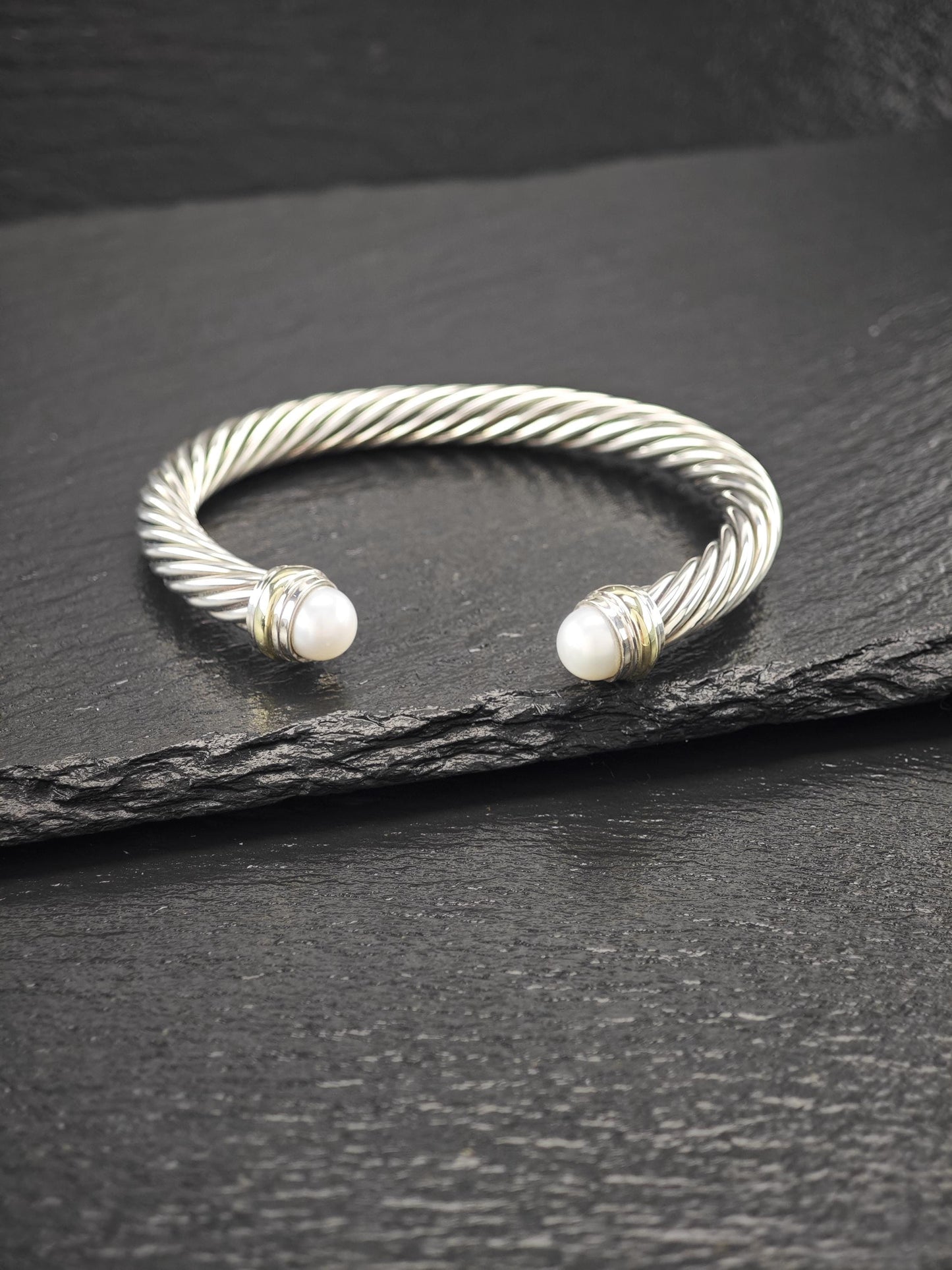 David Yurman 7mm 14K Gold, Pearl Cable Cuff Bracelet Sterling Silver