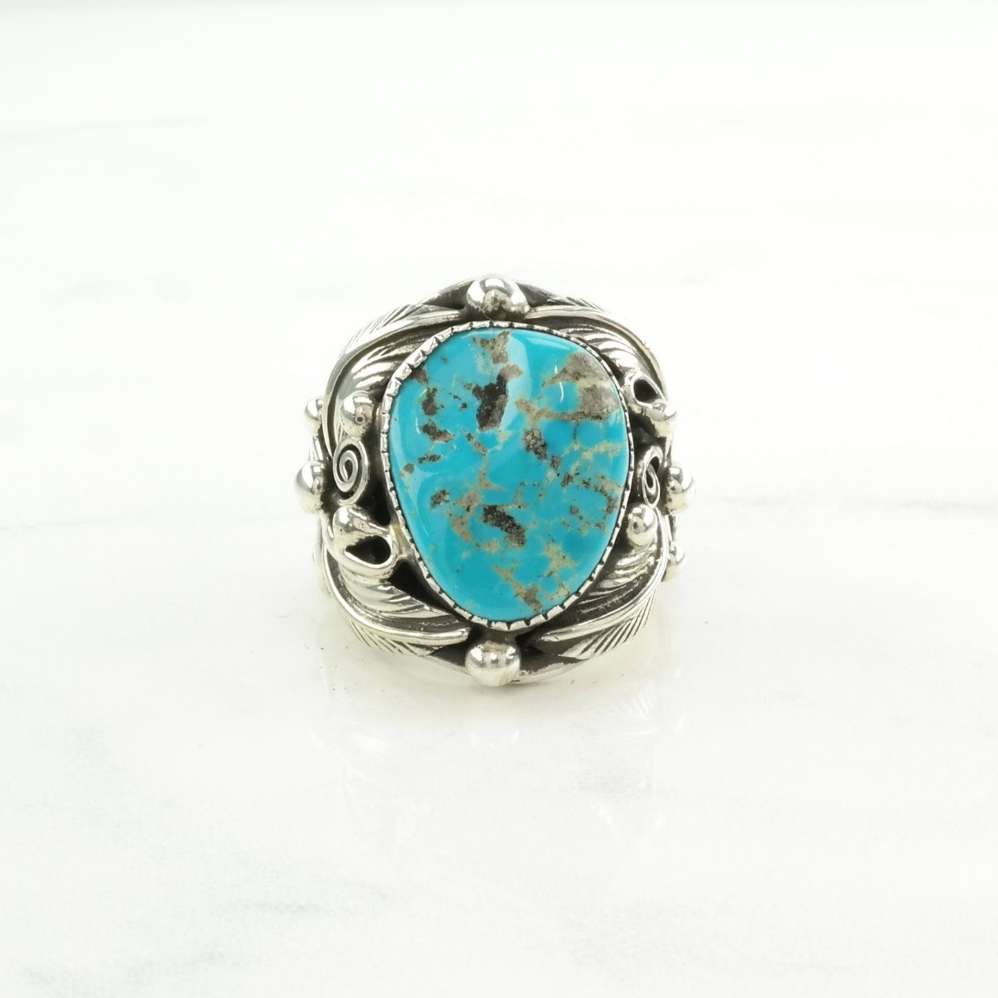 Native American Silver Ring Kingman Turquoise Leaf Sterling Blue Size 8