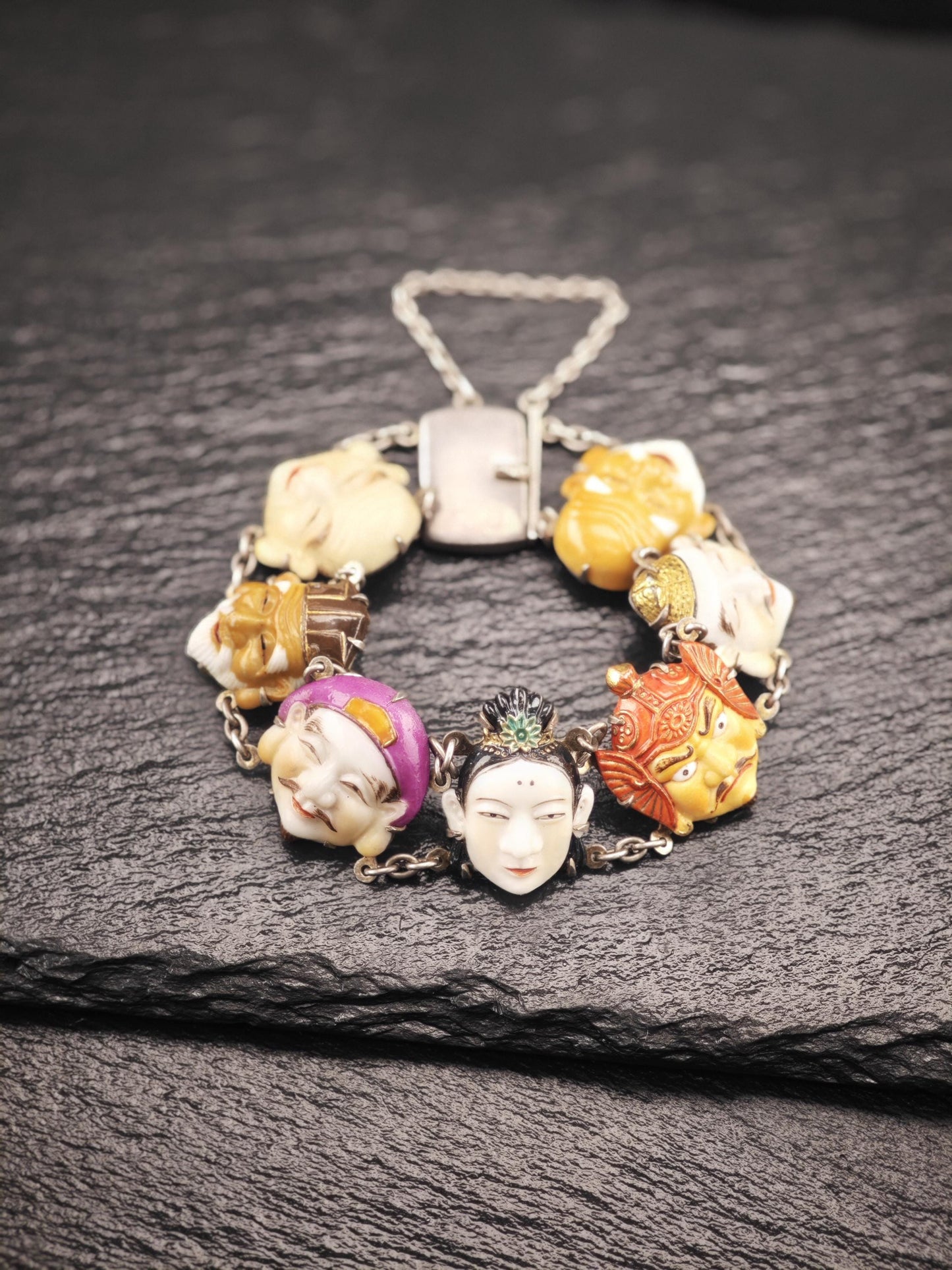Pristine Japanese Toshikane, 7 Gods of Fortune Bracelet, Porcelain Sterling Silver