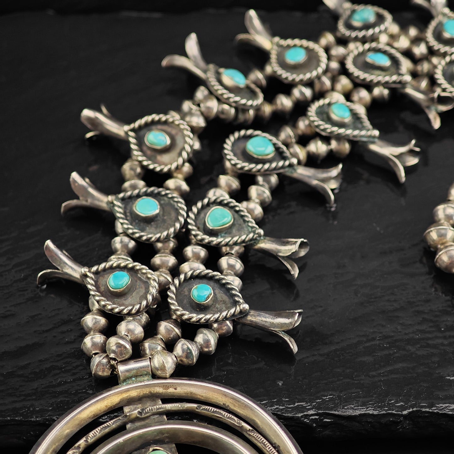 Vintage Navajo Turquoise Sterling Silver Squash Blossom Necklace N2729