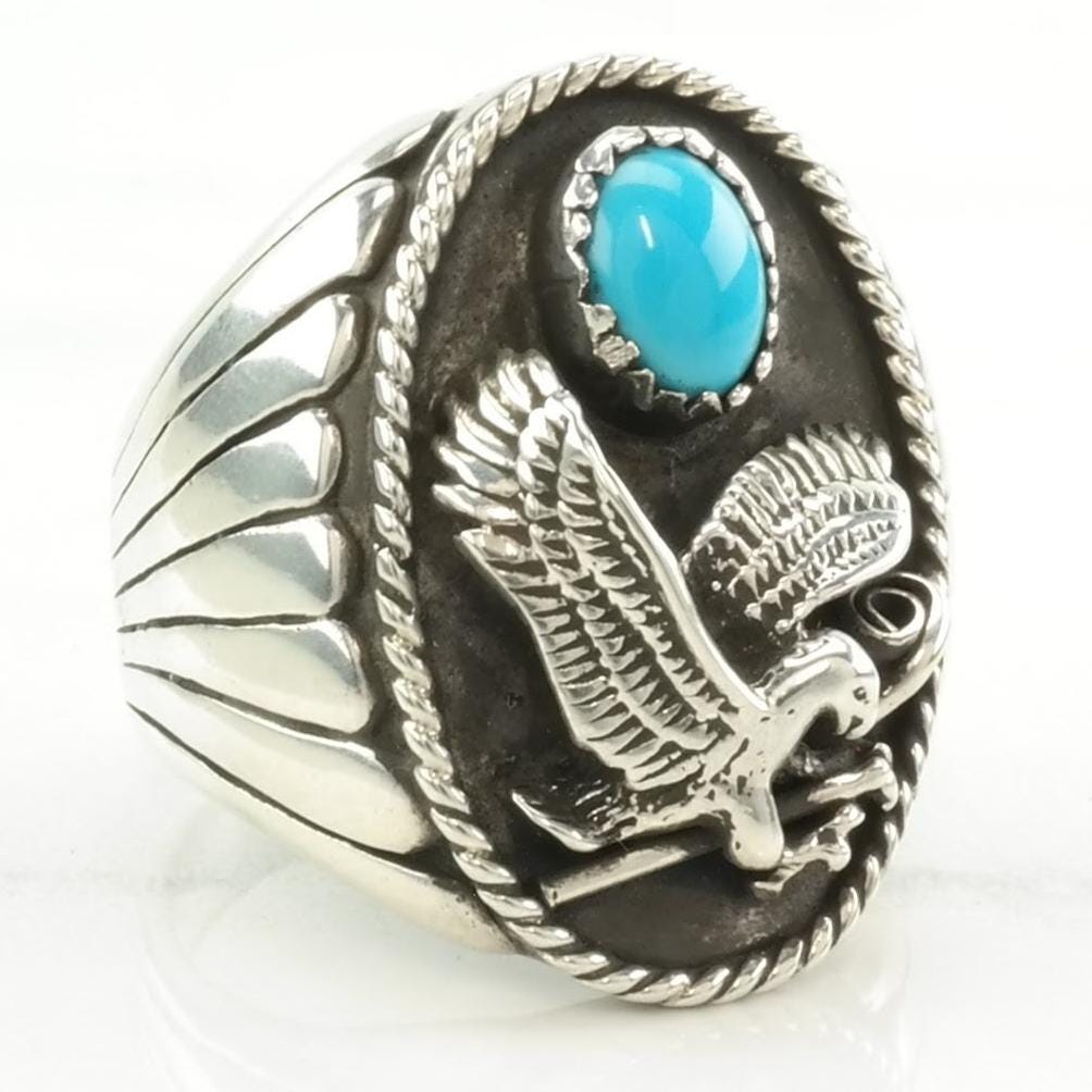 Vintage Turquoise Eagle Silver Ring Sterling Blue Size 11