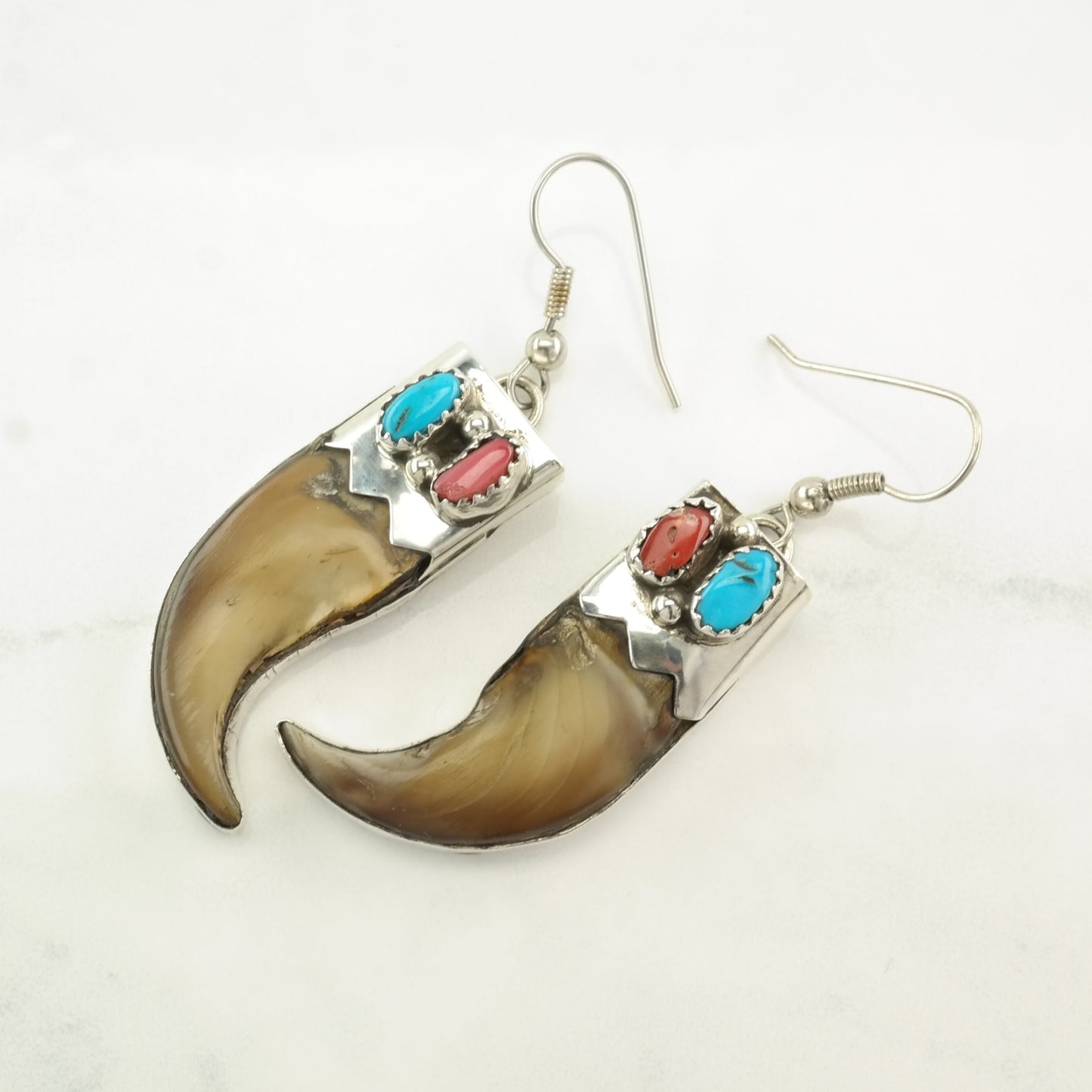 Native American Sterling Silver Turquoise, Coral Earrings Fish hook