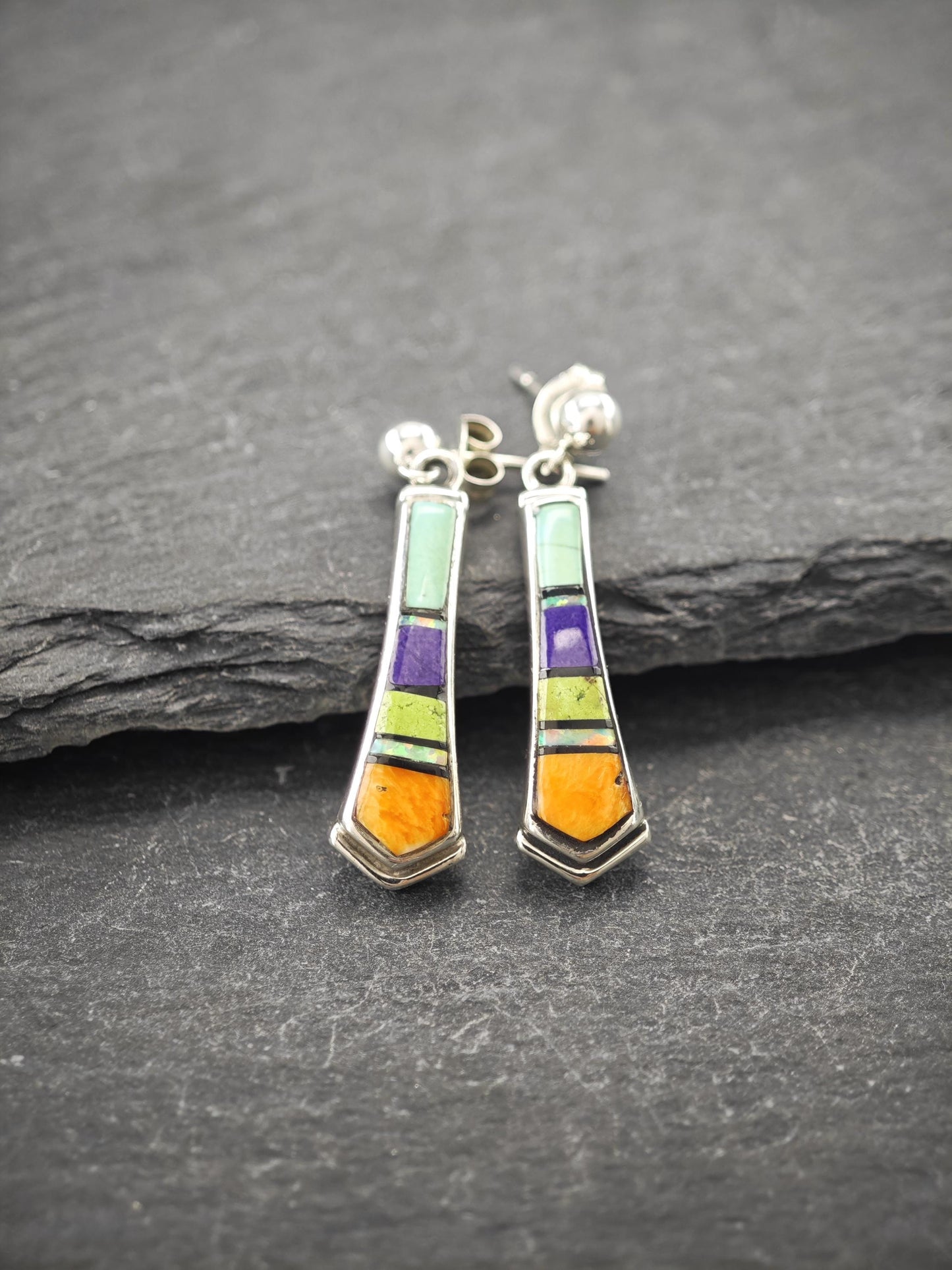 Choice of Southwest Inlay, Lab Opal Pierced Dangle Earrings Sterling Silver
