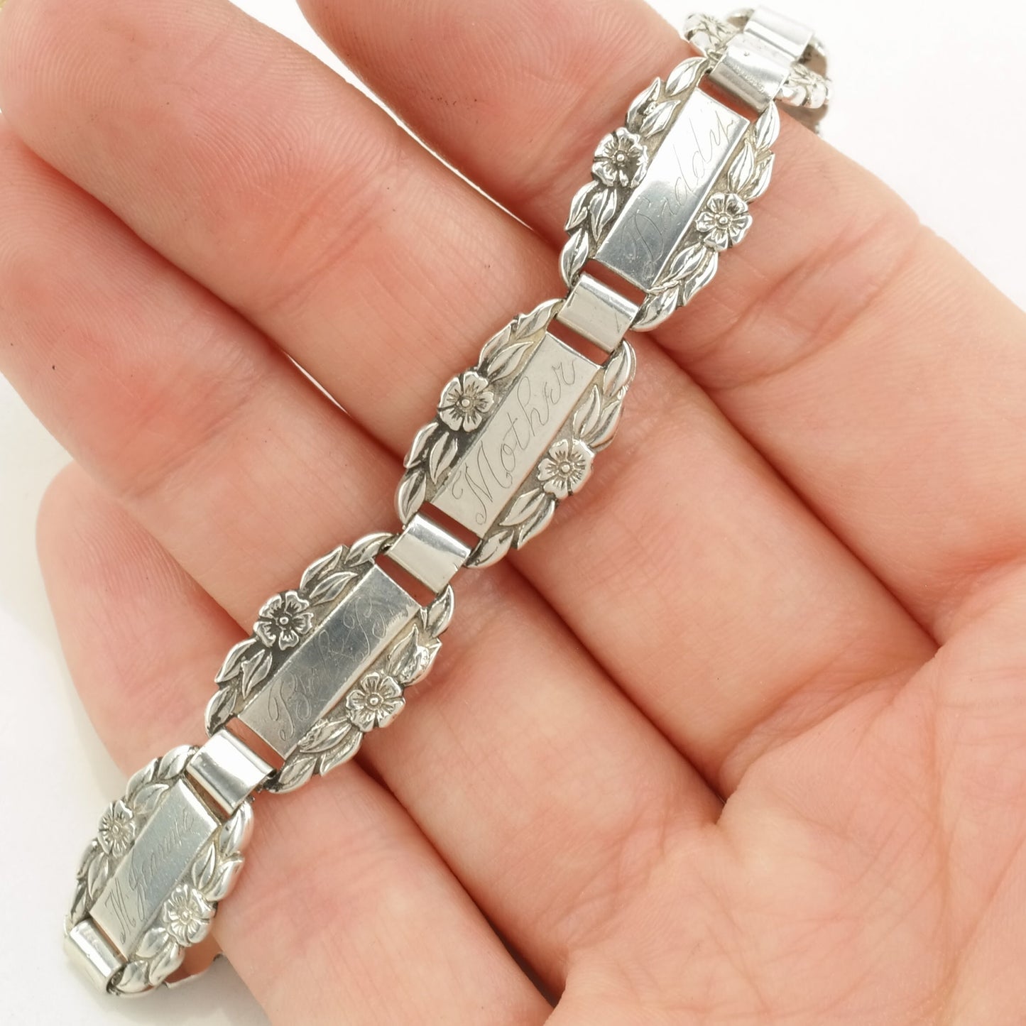 Forget Me Not Sterling Silver Link Bracelet Floral Engraved