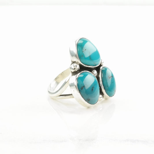 Sterling Silver Ring Turquoise Three Stone Blue Size 6 1/2