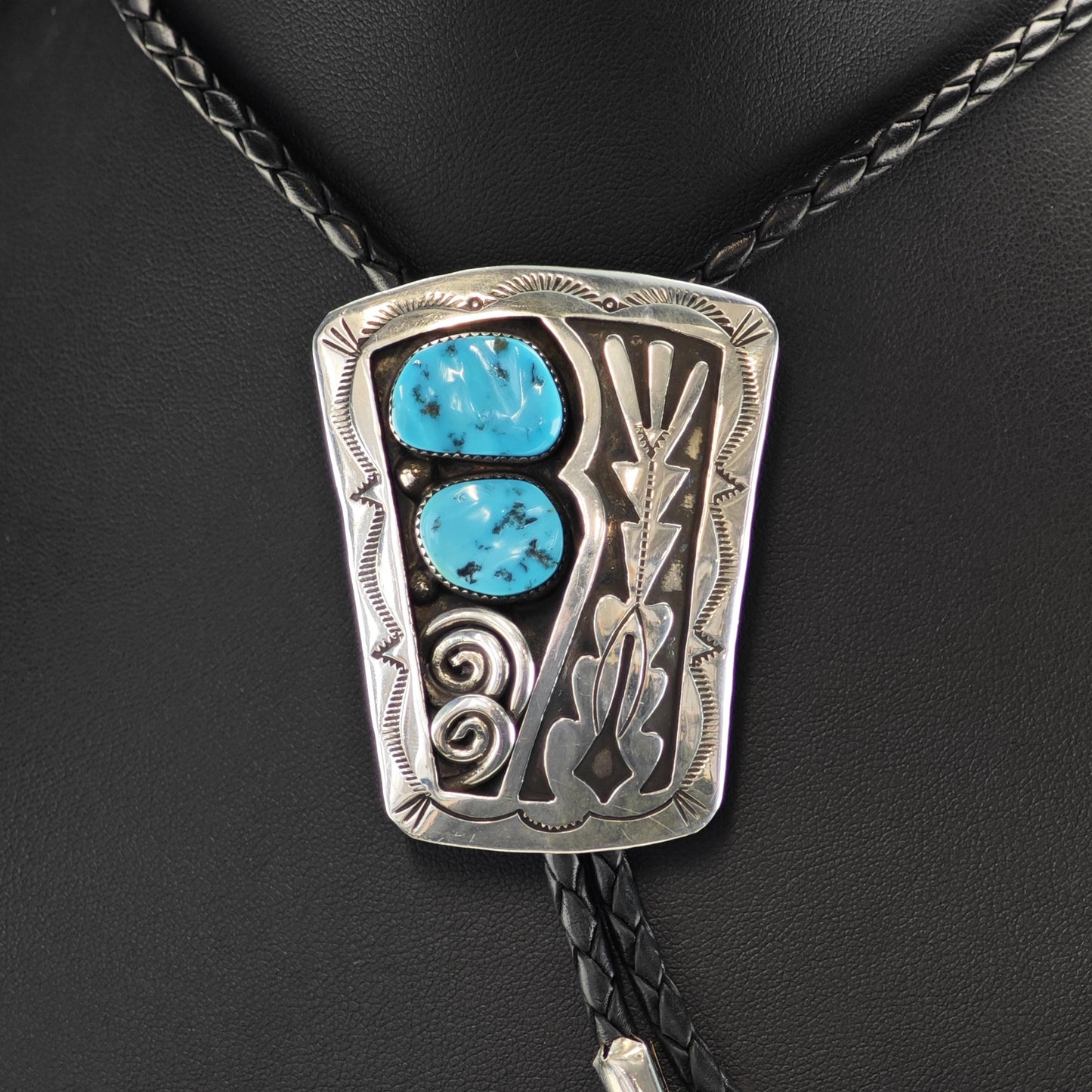 Vintage Native American Sterling Silver Sleeping Beauty Turquoise Shadow Box Bolo Tie Necklace N2747