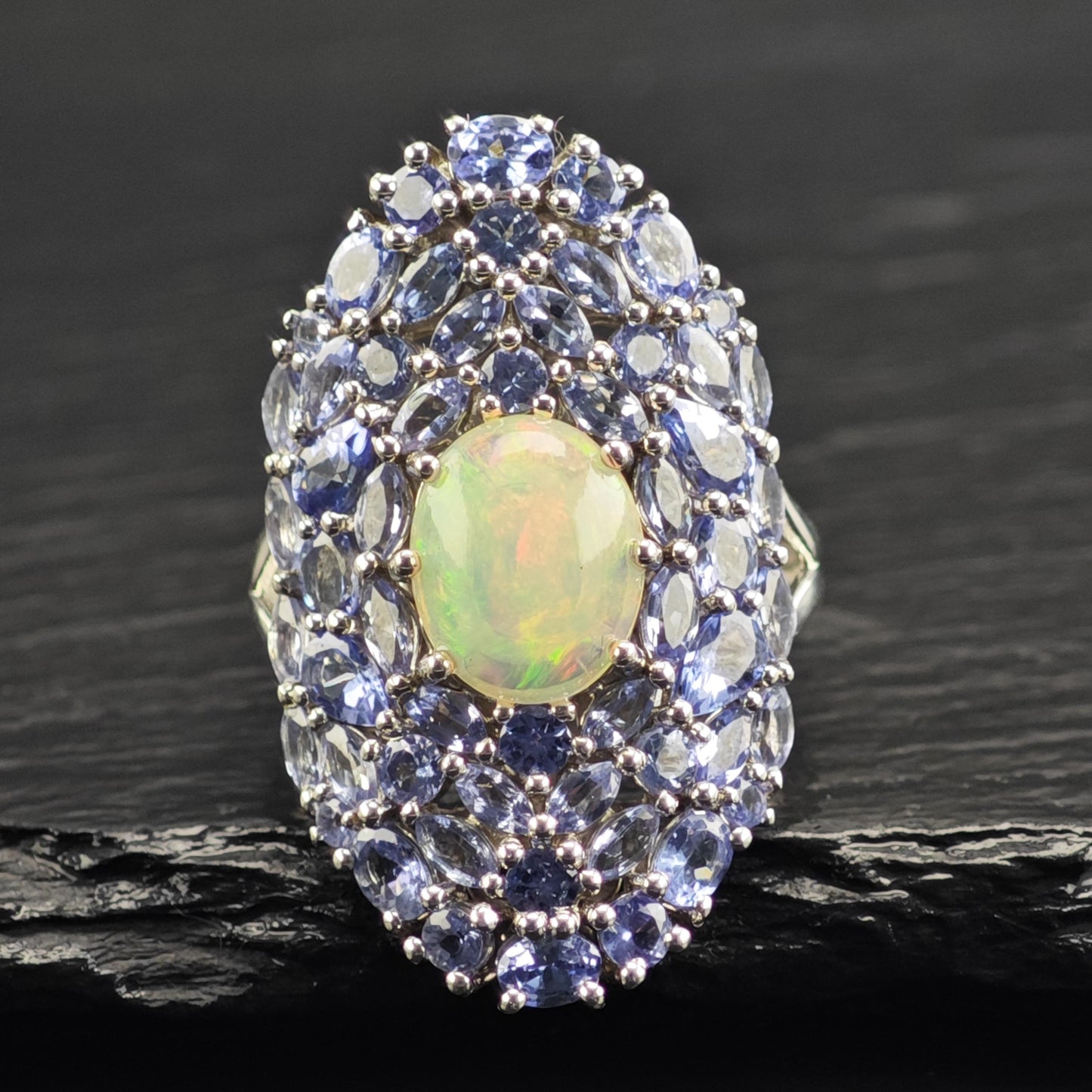 Opal & Tanzanite Cluster Sterling Silver Ring Sz 10 1/4 R6614