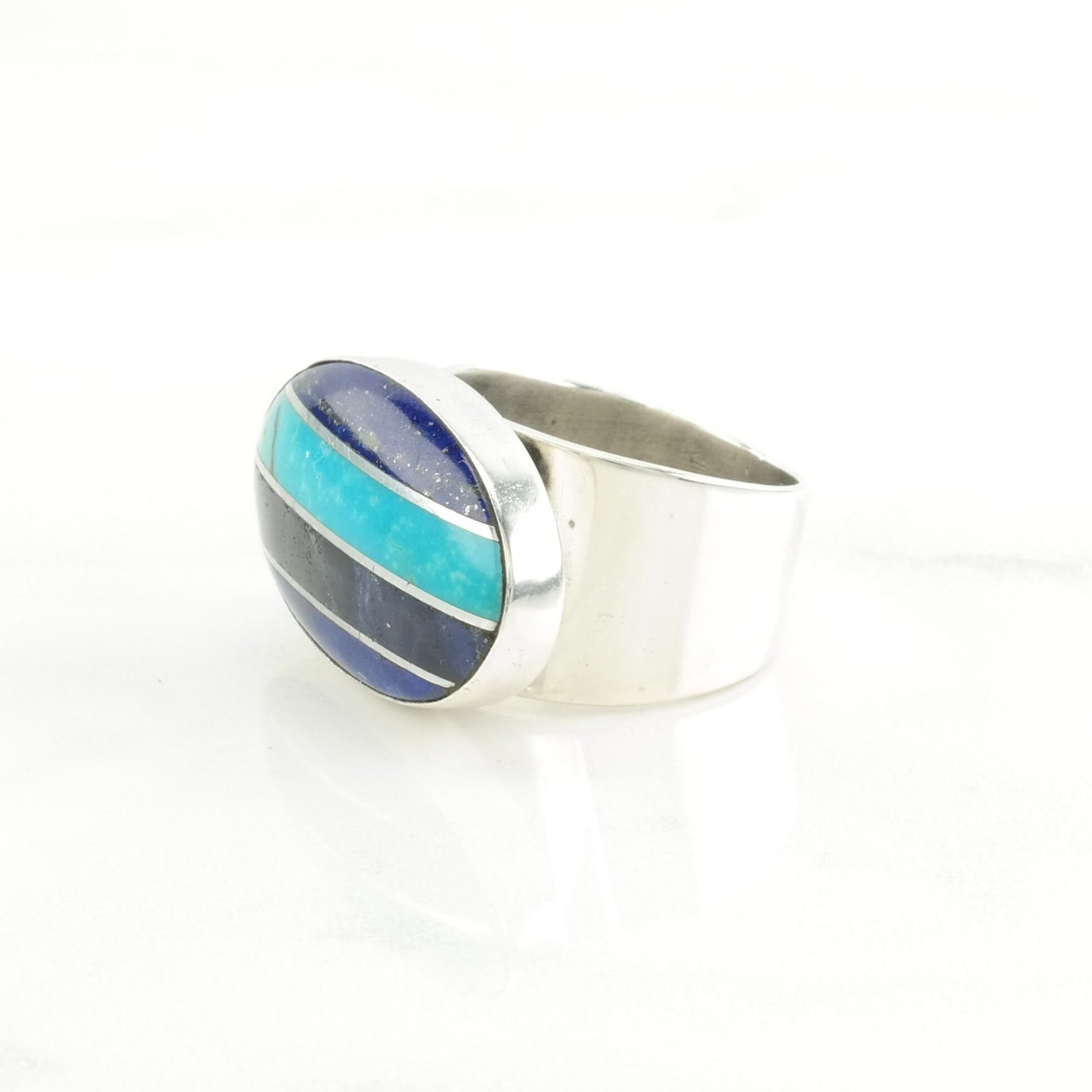 DTR Silver Ring Turquoise, Lapis Lazuli Inlay, Striped Sterling Blue Size 7 1/4