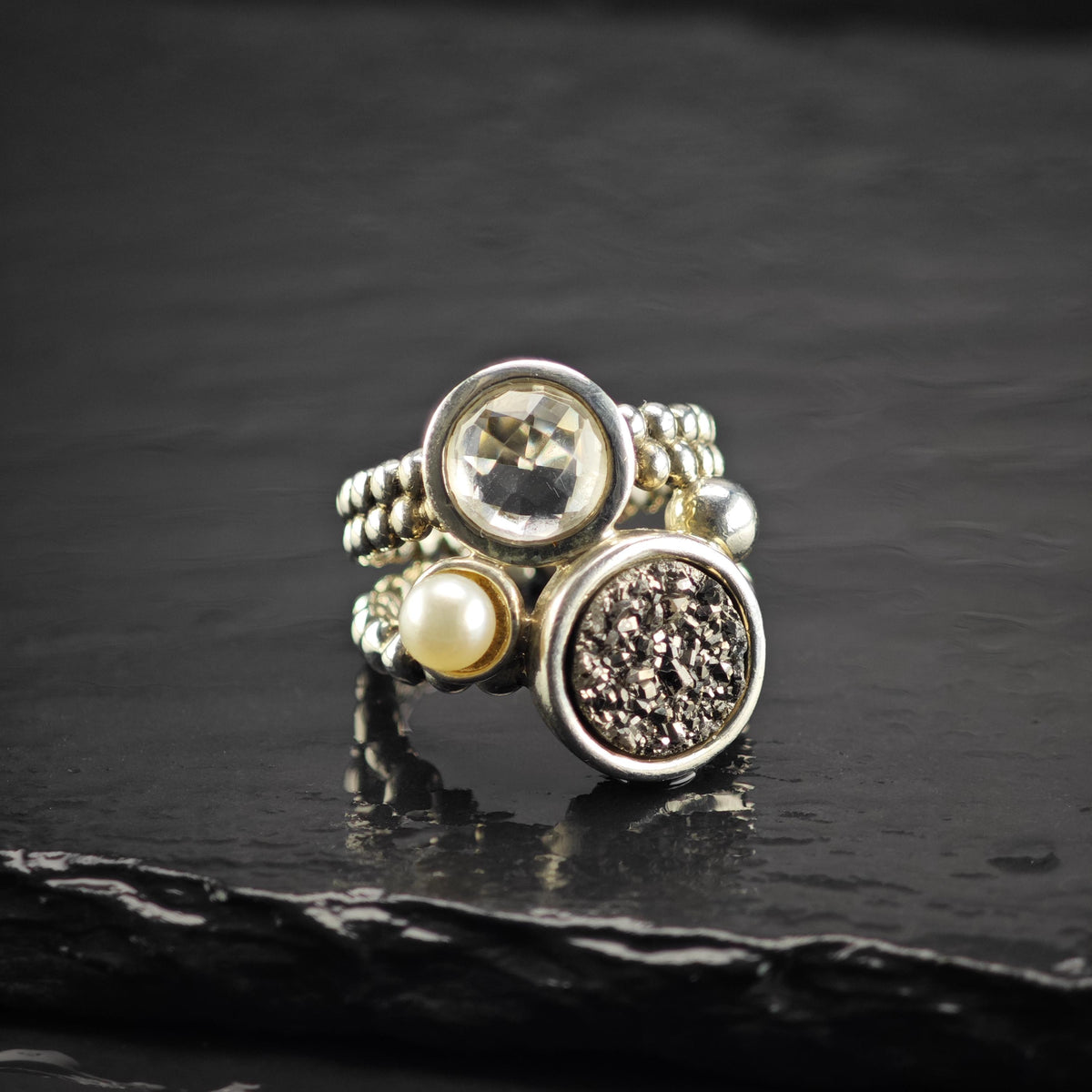 Vintage Michael Dawkins Druzy CZ Pearl Sterling Silver Ring Sz 6 R6815
