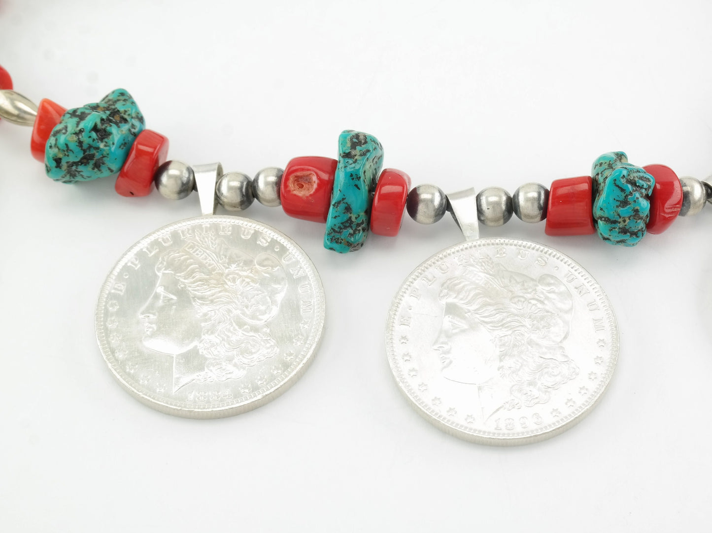 Iron Wolf Thompson Sterling Silver Turquoise, Coral, Morgan Dollars Squash Blossom Necklace