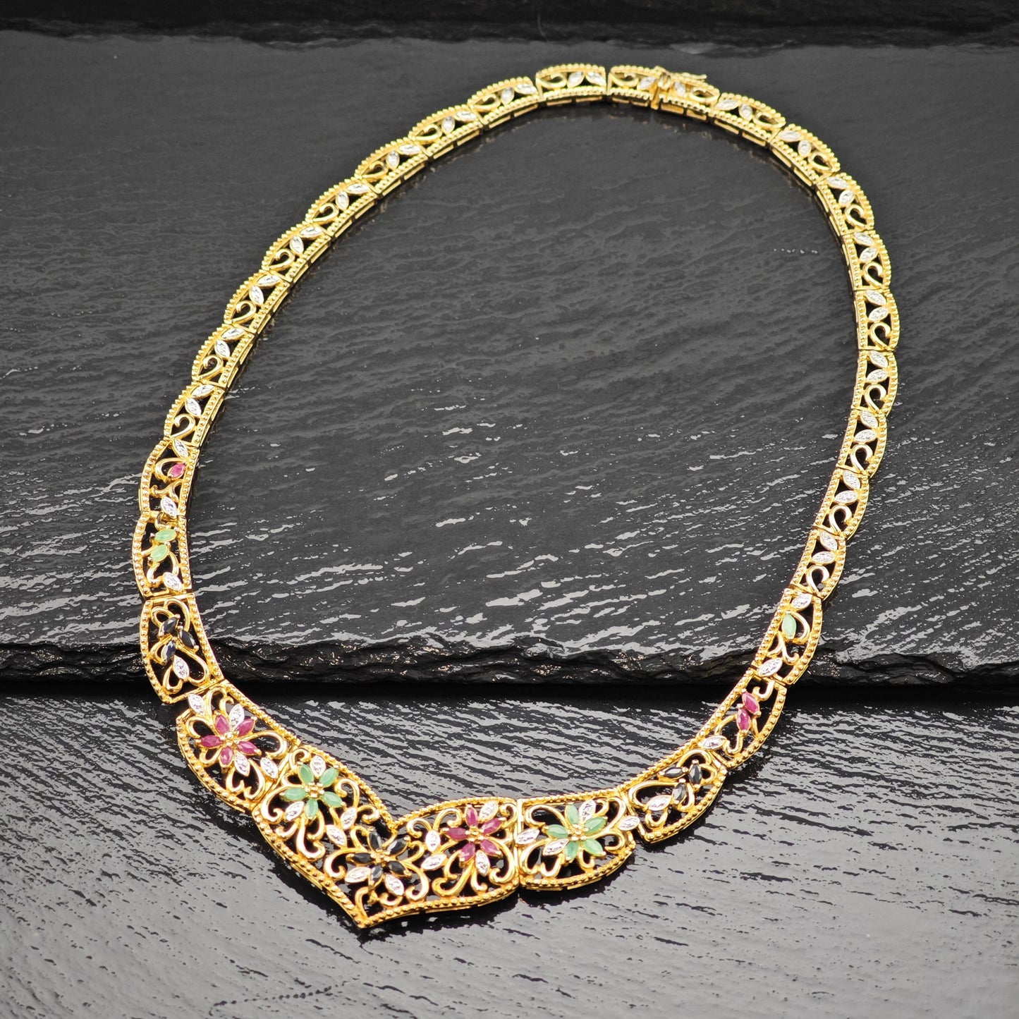 Multi-color Emerald Ruby Sapphire Floral Gold Plated Collar Necklace Sterling Silver N2657