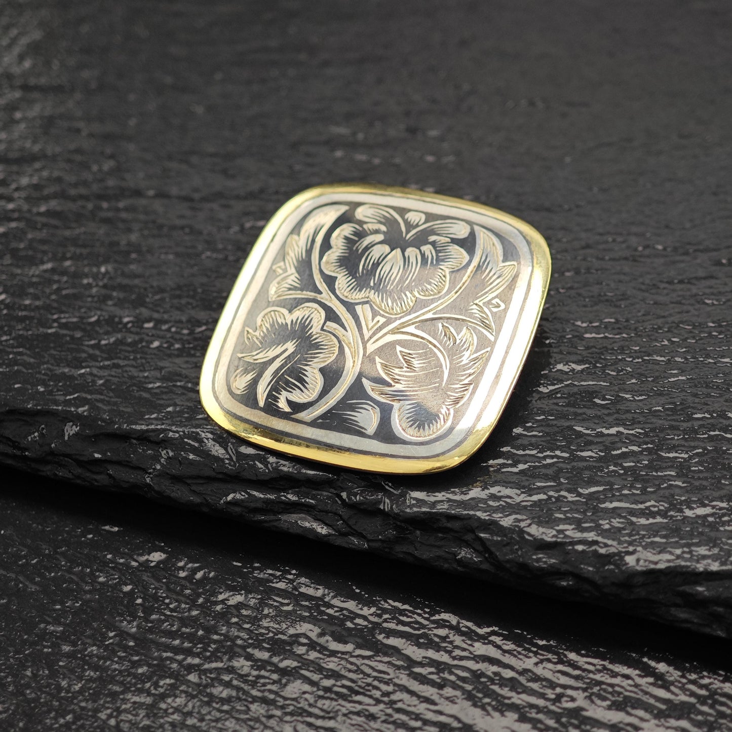 Vintage Soviet Gold Gilded, Niello Sterling Silver Brooch