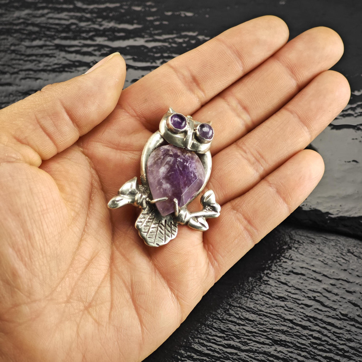 Mexican Amethyst Owl Sterling Silver Brooch B2273