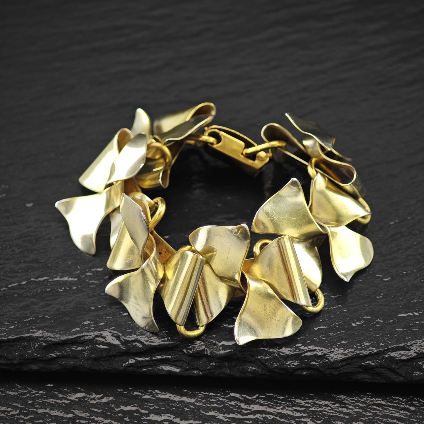 Gold Gilded Floral Link Bracelet Sterling Silver Size 6 3/4"