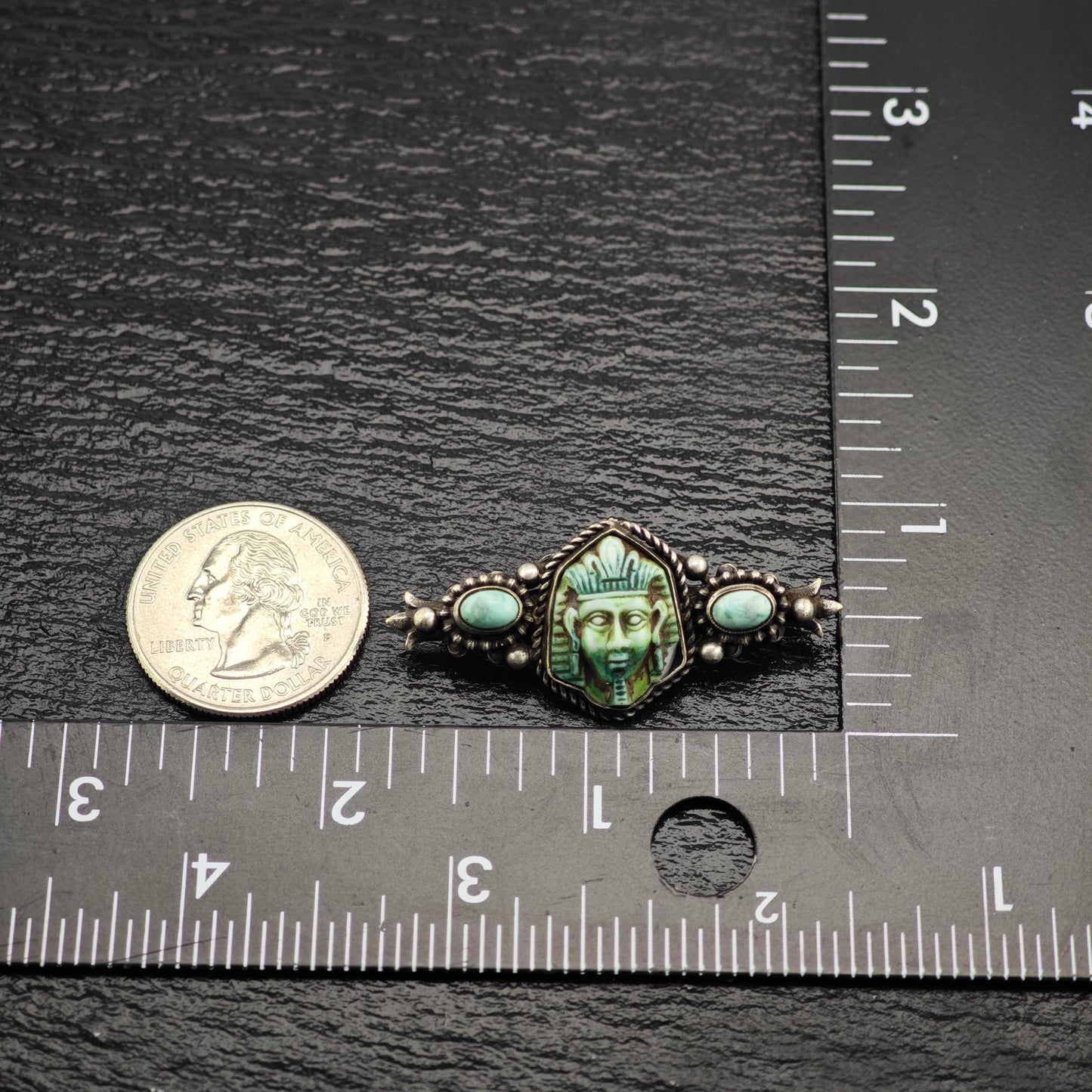 Egyptian Revival Green Turquoise Sterling Silver Brooch