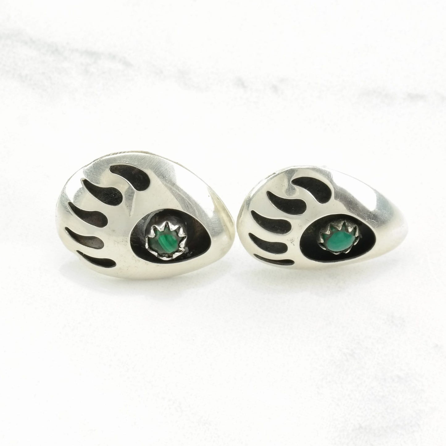 Southwest Sterling Silver Malachite Bear Paw Earrings Stud