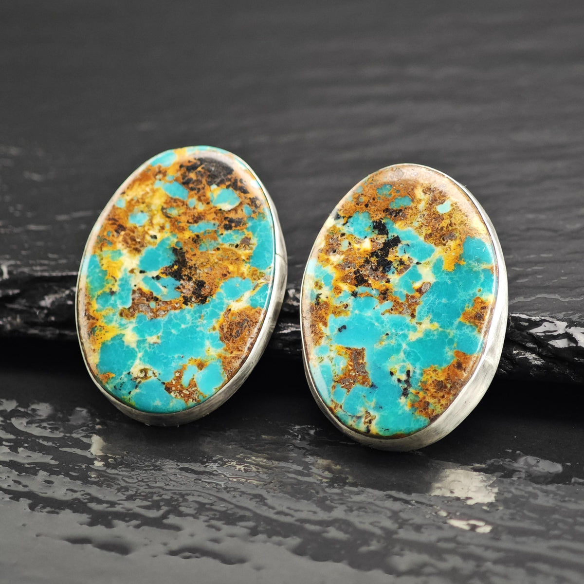 Vintage Navajo Spiderweb Turquoise Stud Sterling Silver Earrings ER3232