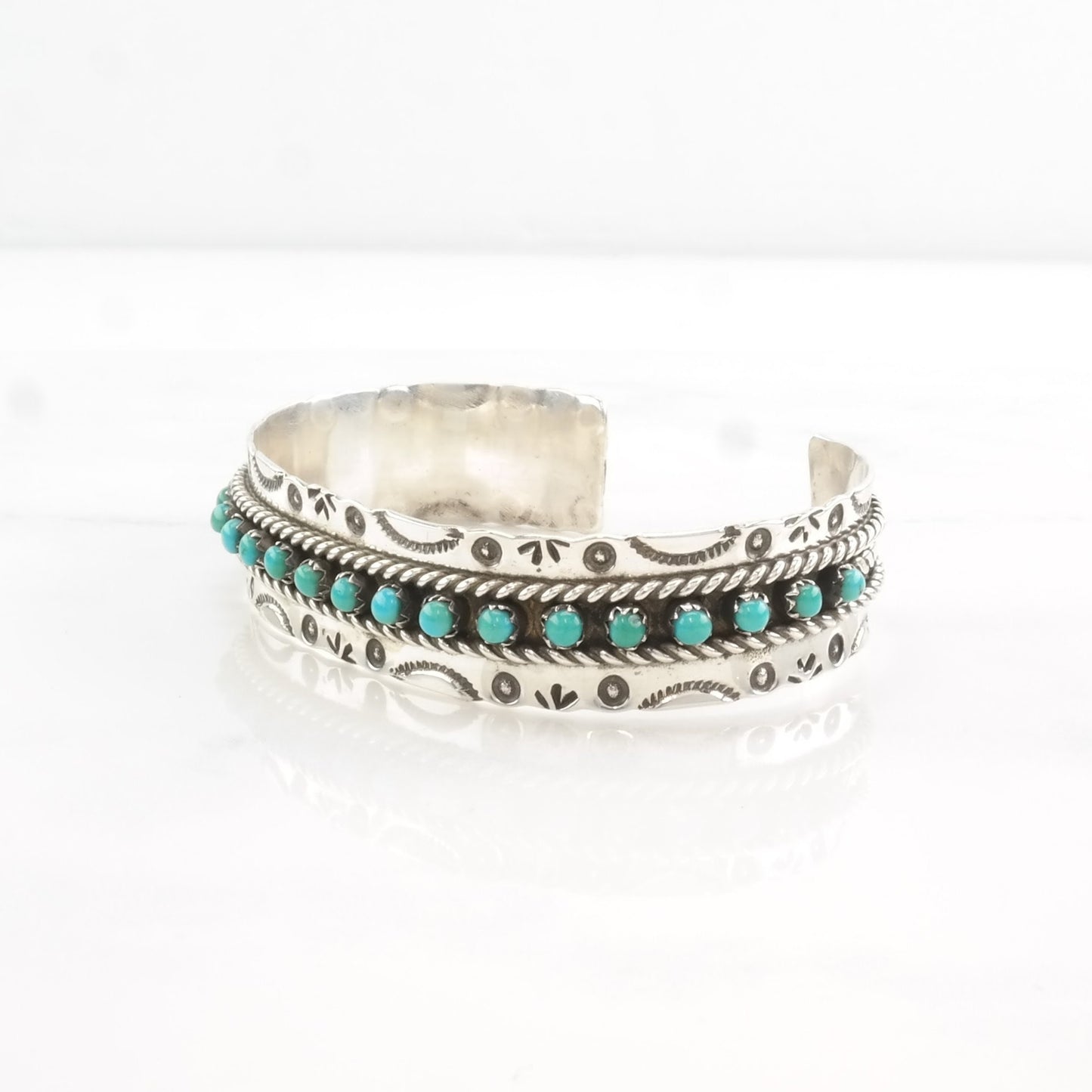 Vintage Zuni Sterling Silver Cuff Bracelet Blue Turquoise Stamped