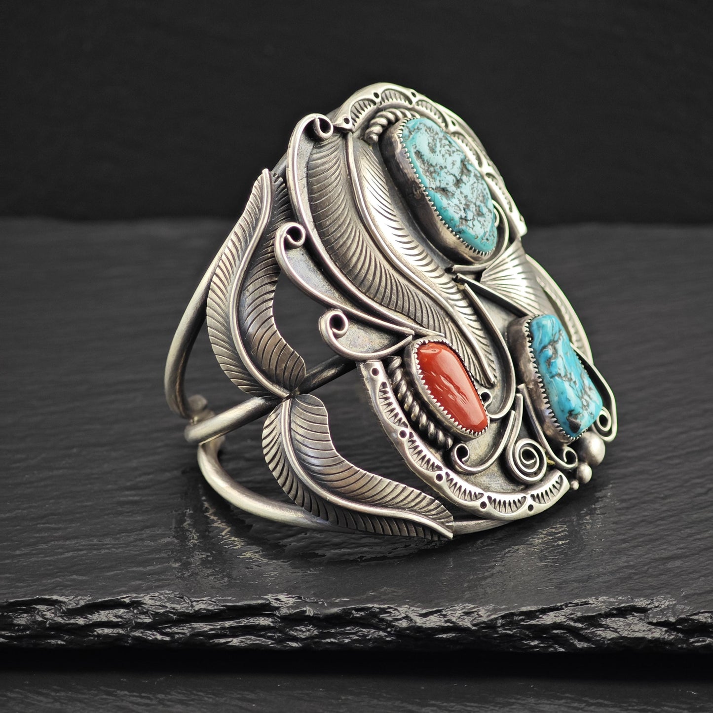 Large Turquoise Coral Cuff Bracelet Native American Sterling Silver