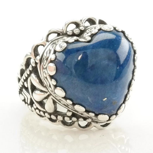 Vintage Carolyn Pollack Silver Ring Denim Lapis Heart, Scroll Sterling Blue Size 8 1/4