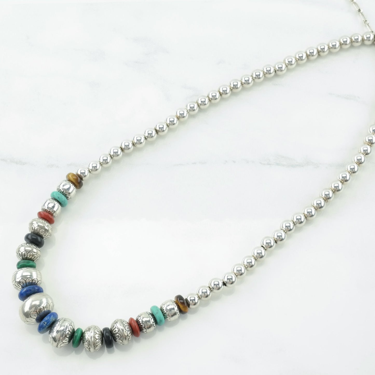 Carolyn Pollack Sterling Silver Malachite, Jet, Coral, Lapis Lazuli, Turquoise, Tiger's Eye Beaded Necklace