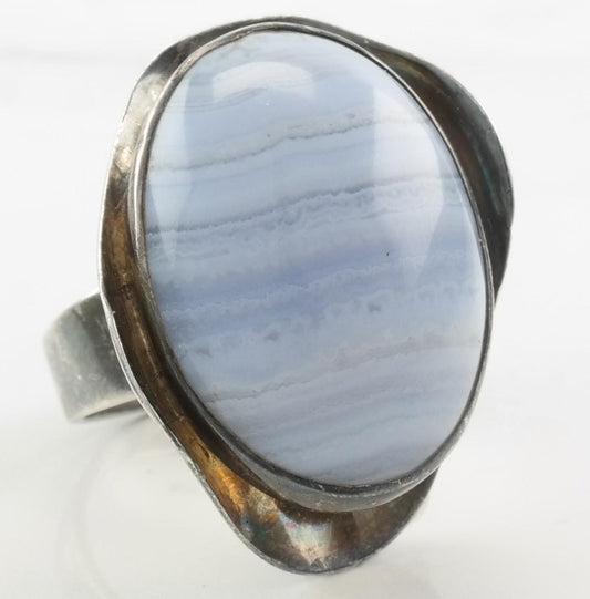 Vintage Modernist Silver Ring Blue Lace Agate Modernist Sterling Size 5