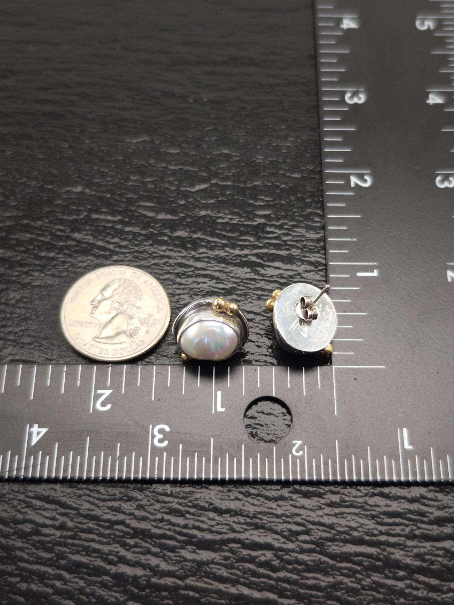 Vintage Sterling Silver Stud Earrings with 22K Gold Pearl Designer Elegance