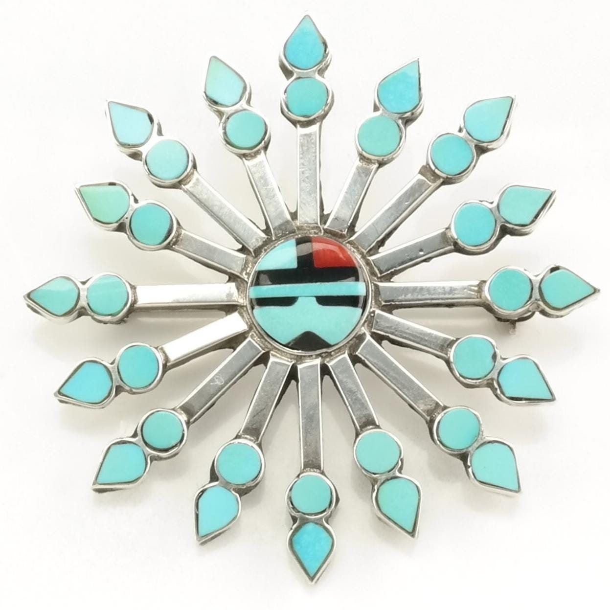 Vintage Zuni Sterling Silver Brooch Pendant Inlay Blue Turquoise, Onyx