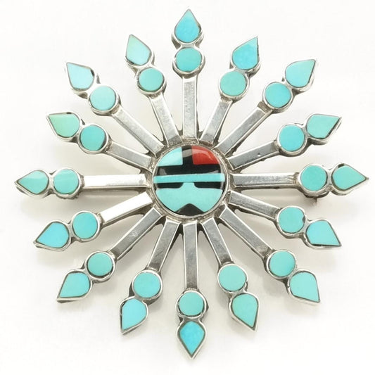 Vintage Zuni Sterling Silver Brooch Pendant Inlay Blue Turquoise, Onyx