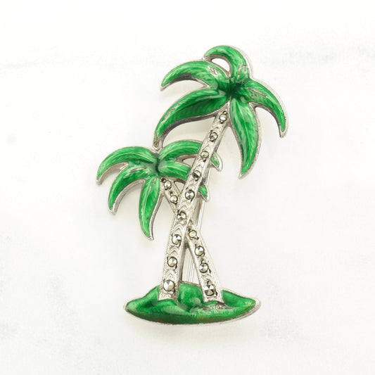 Green Enamel Silver Brooch Marcasite, Palm Tree Sterling