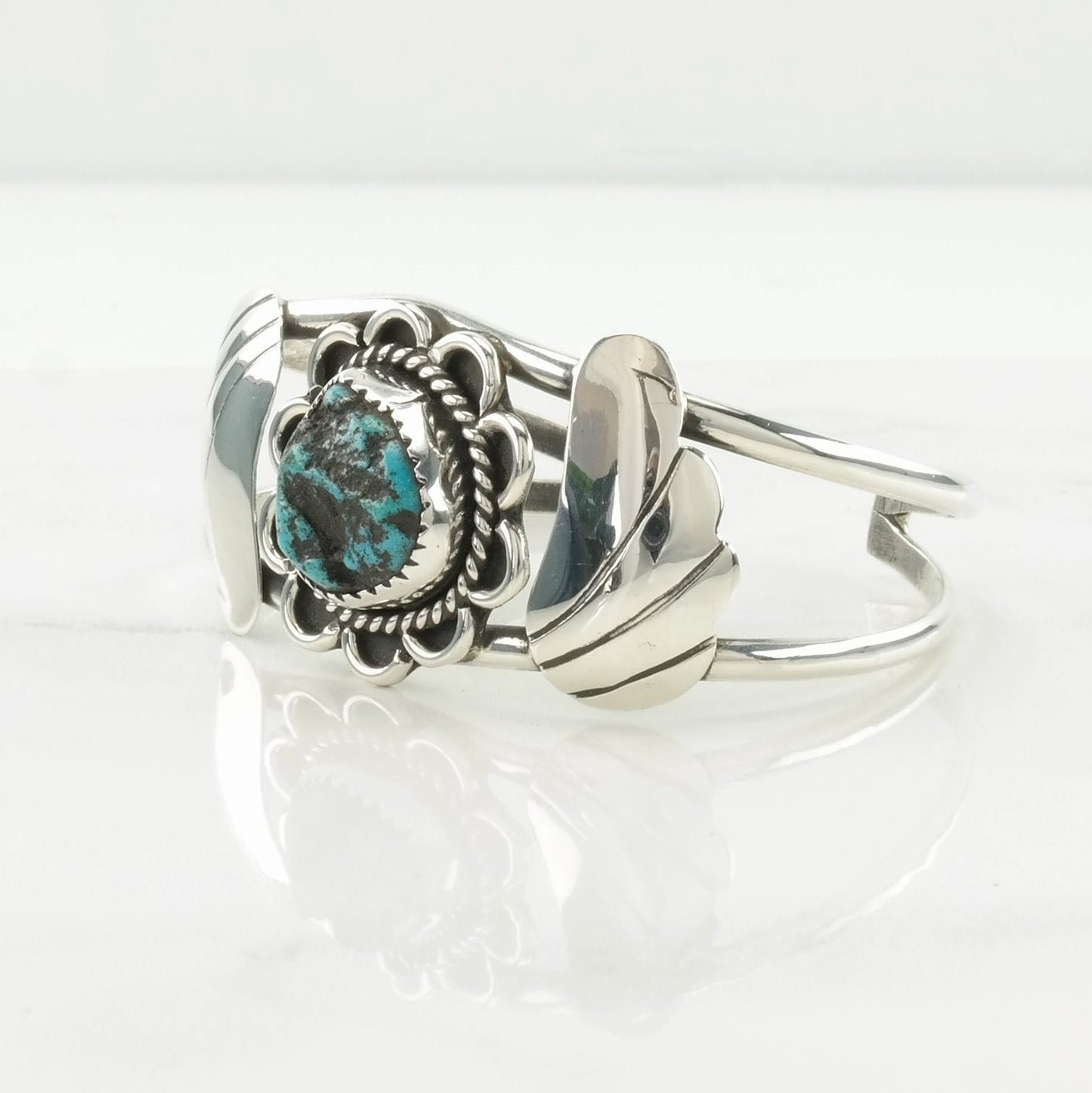 Vintage Southwest Sterling Silver Cuff Bracelet Blue Turquoise Floral