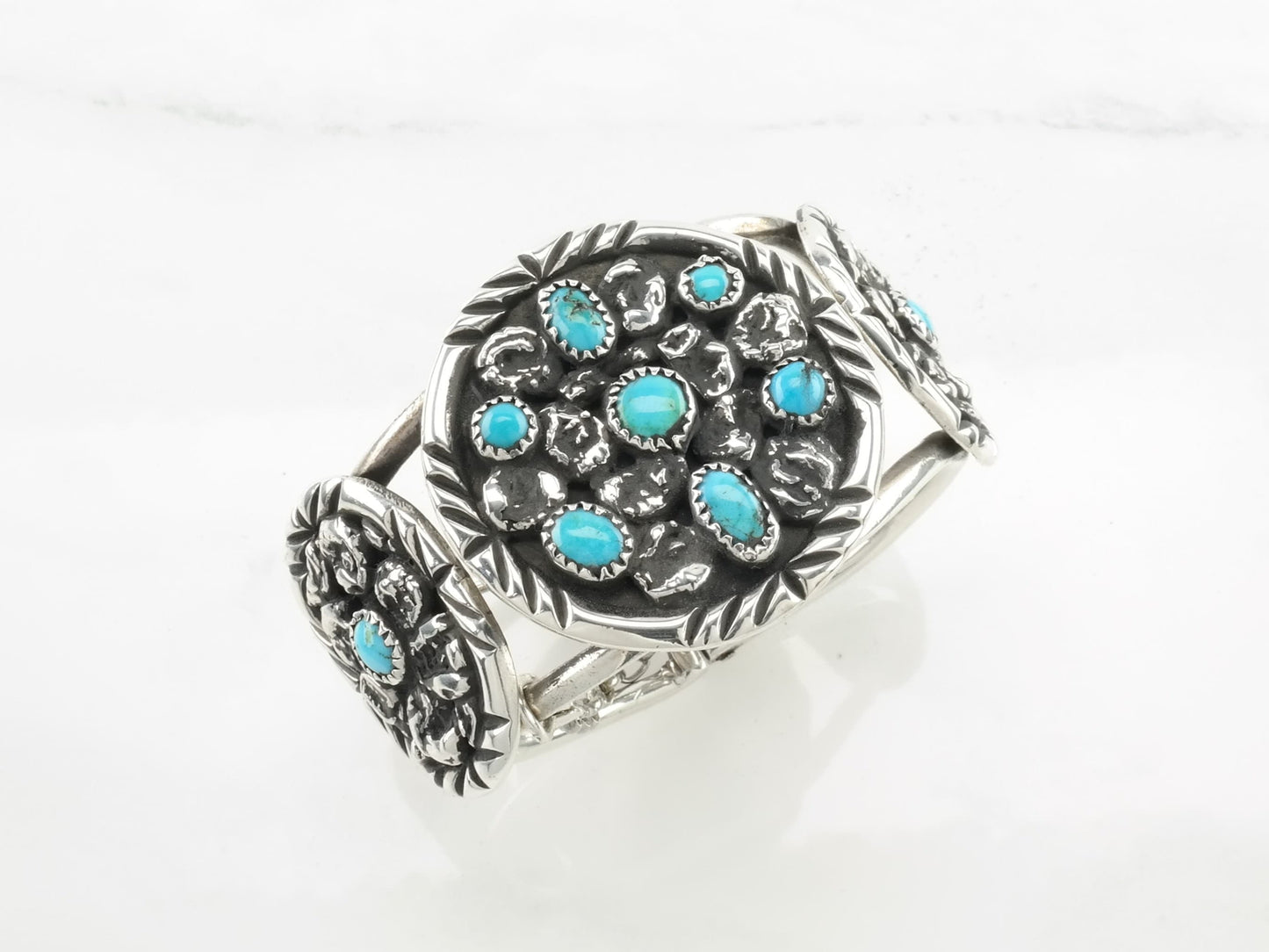 Native American Navajo Sterling Silver Cuff Bracelet Blue Turquoise Cluster