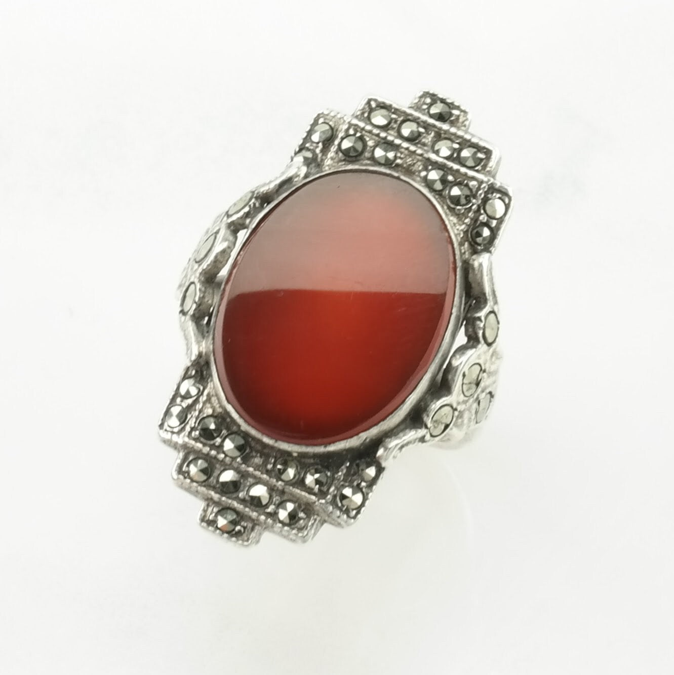 Art Deco Silver Ring Carnelian Marcasite Sterling Red Size 4 1/4