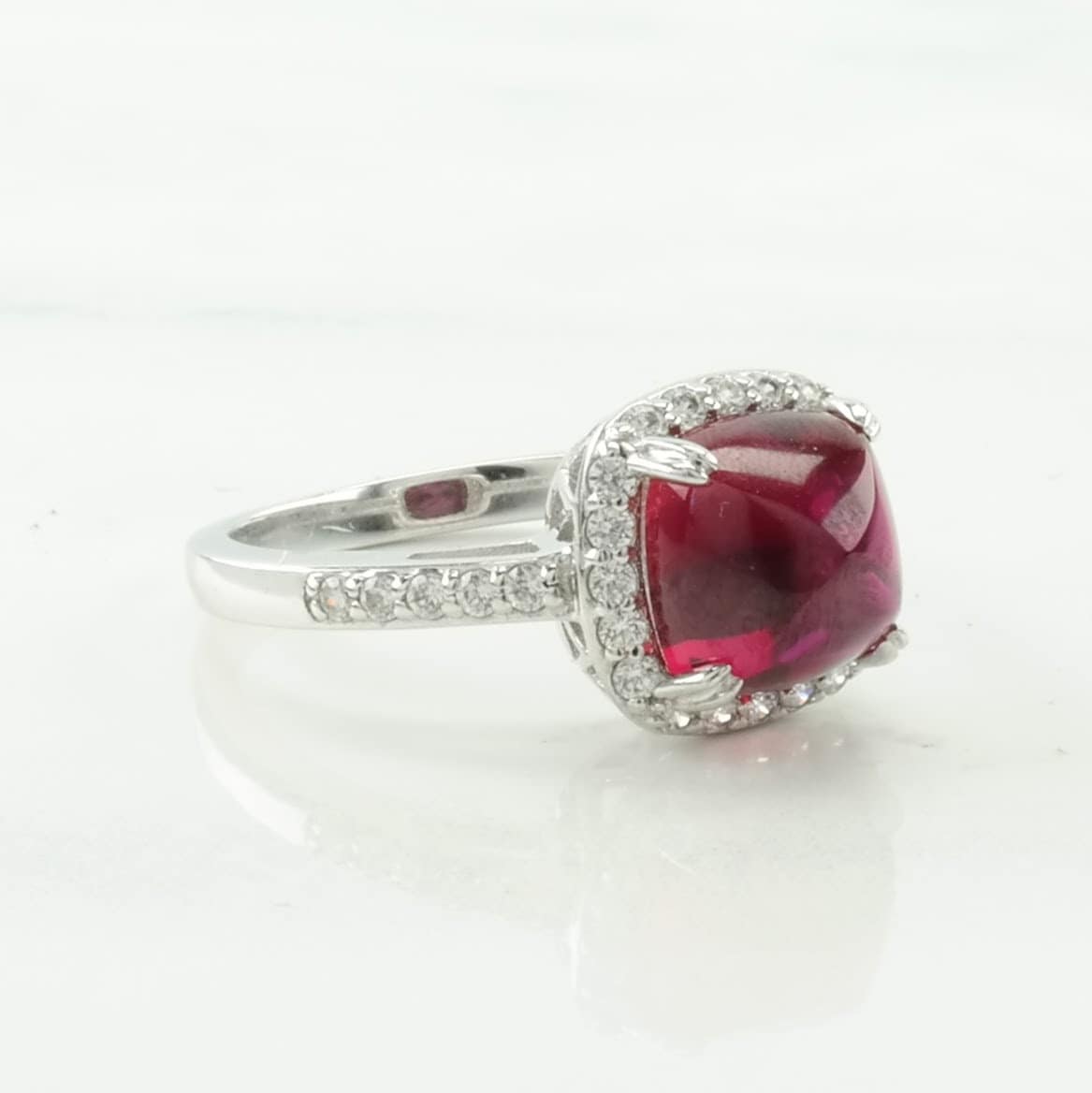 Vintage Sterling Silver Ring Created Ruby CZ Halo Pink Size 8 1/4