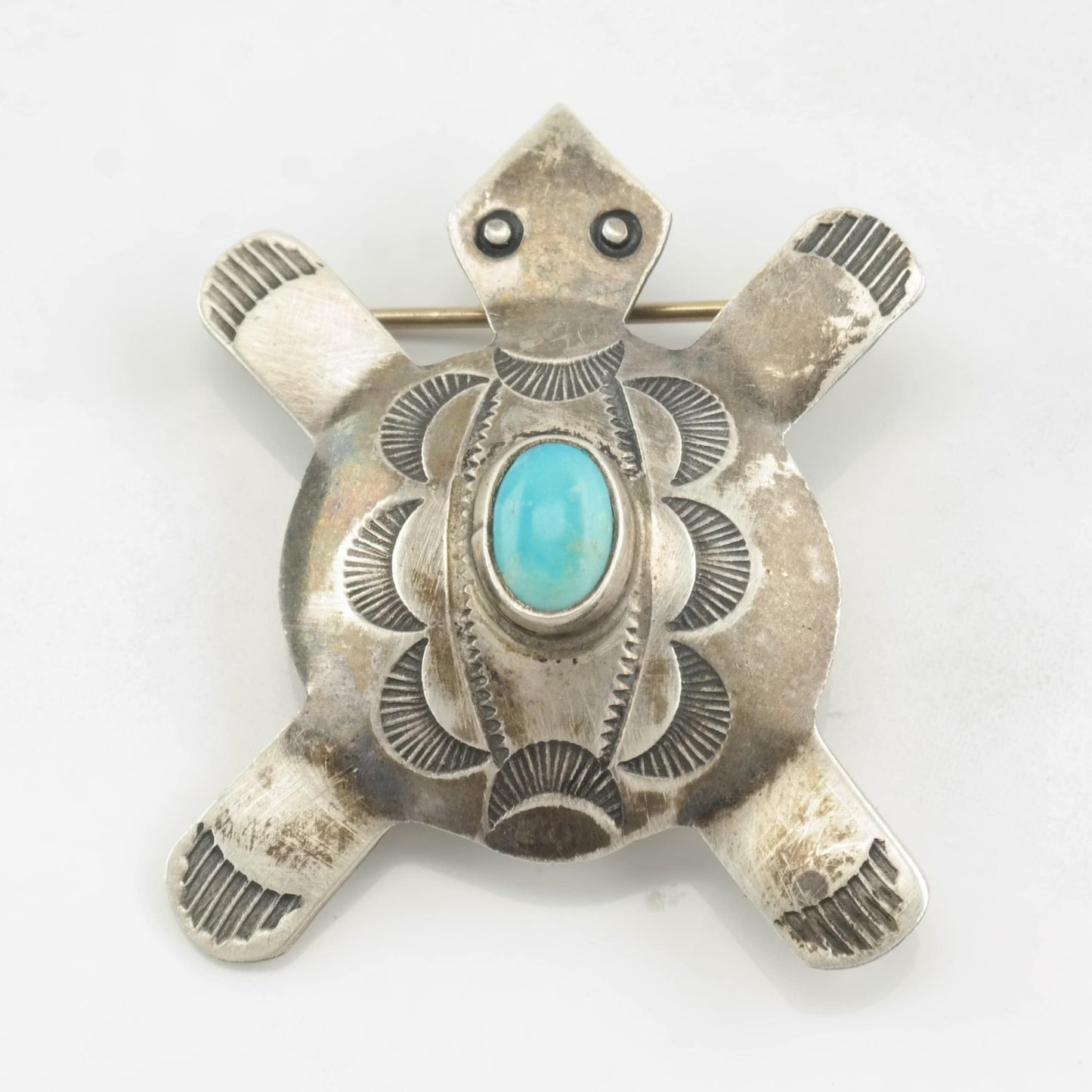 Native American Brooch Turtle, Stamped Turquoise Sterling Silver