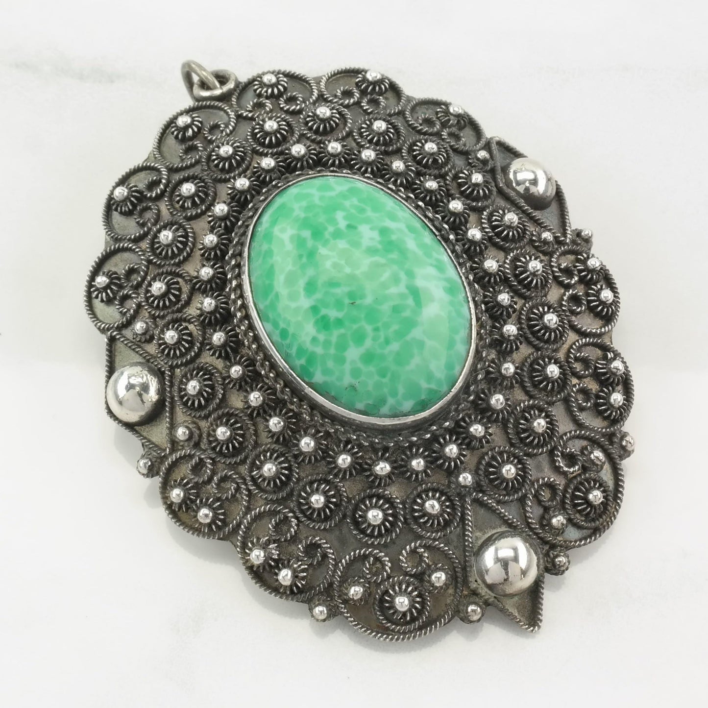 Green Peking Glass Brooch Pendant Filigree Sterling Silver