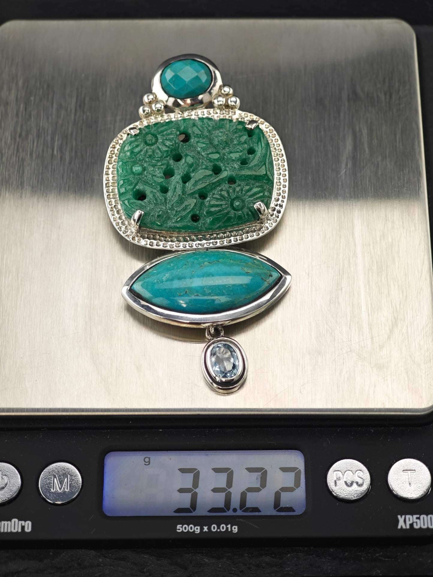 AKR Pendant Turquoise Carved Jade Quartzite Brooch Sterling Silver