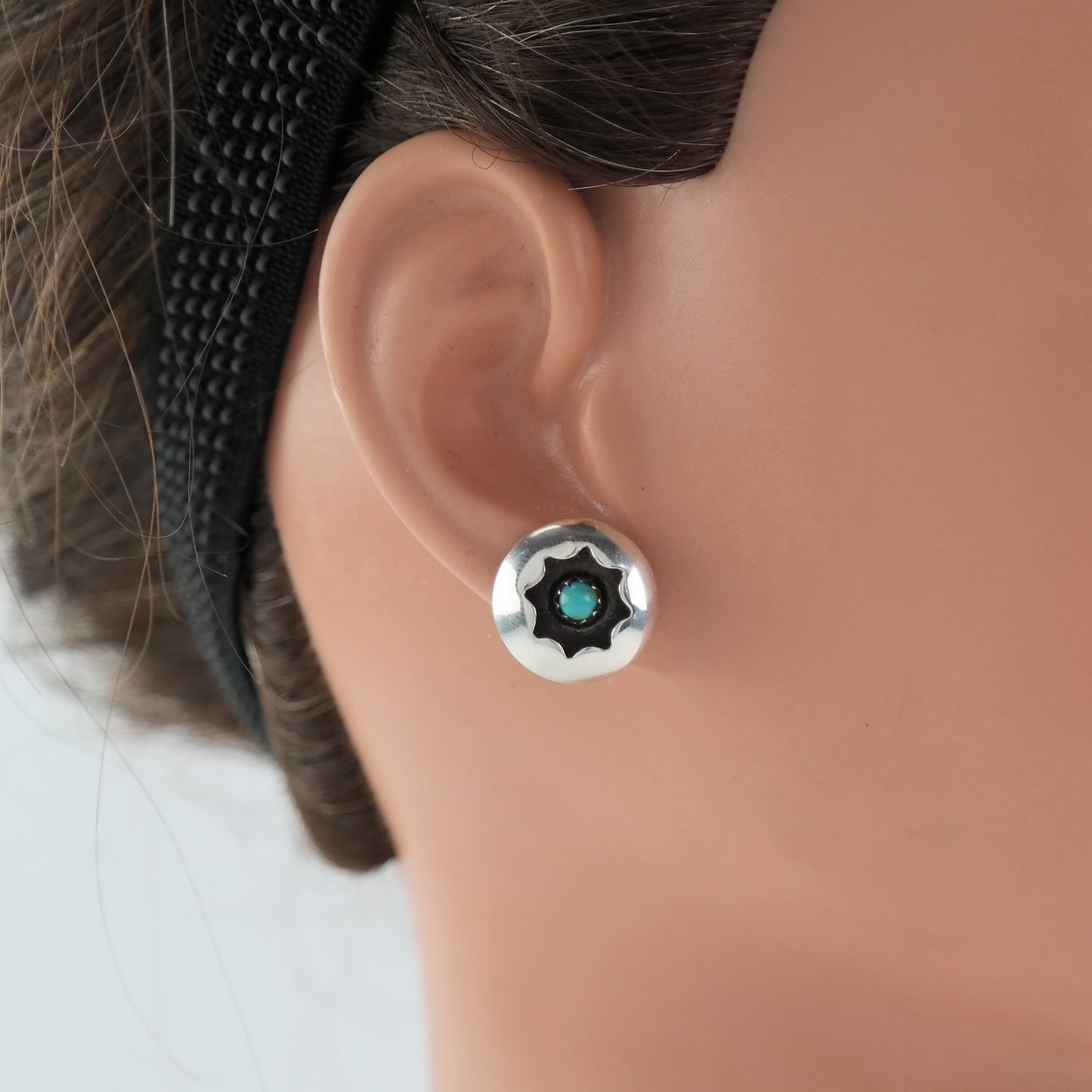 Native American Sterling Silver Turquoise Snake Eye, Shadowbox Earrings Stud