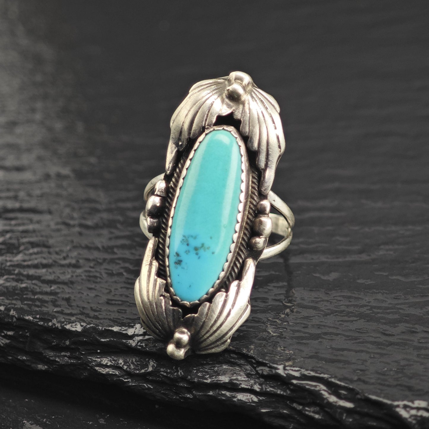 Oval Turquoise Feather Detail Sterling Silver Ring Sz 7 R6653