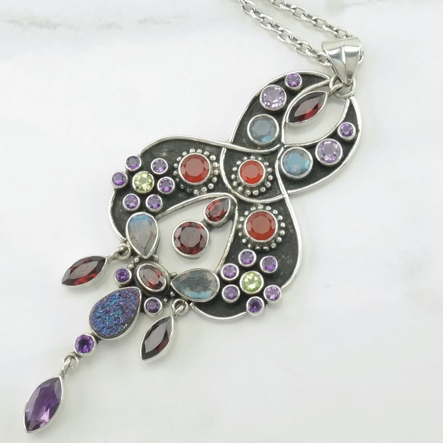 Vintage Nicky Butler Sterling Silver Garnet, Amethyst, Prasiolite, Labradorite Cluster Necklace