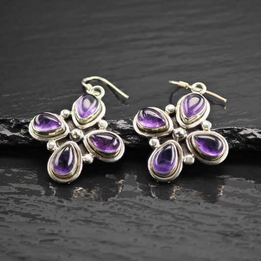 Amethyst Clover Design Dangle Sterling Silver Earrings ER3238