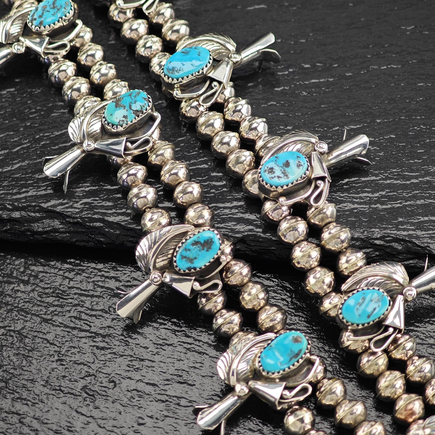 Native American Blue Sleeping Beauty, Floral Squash Blossom Necklace Sterling Silver