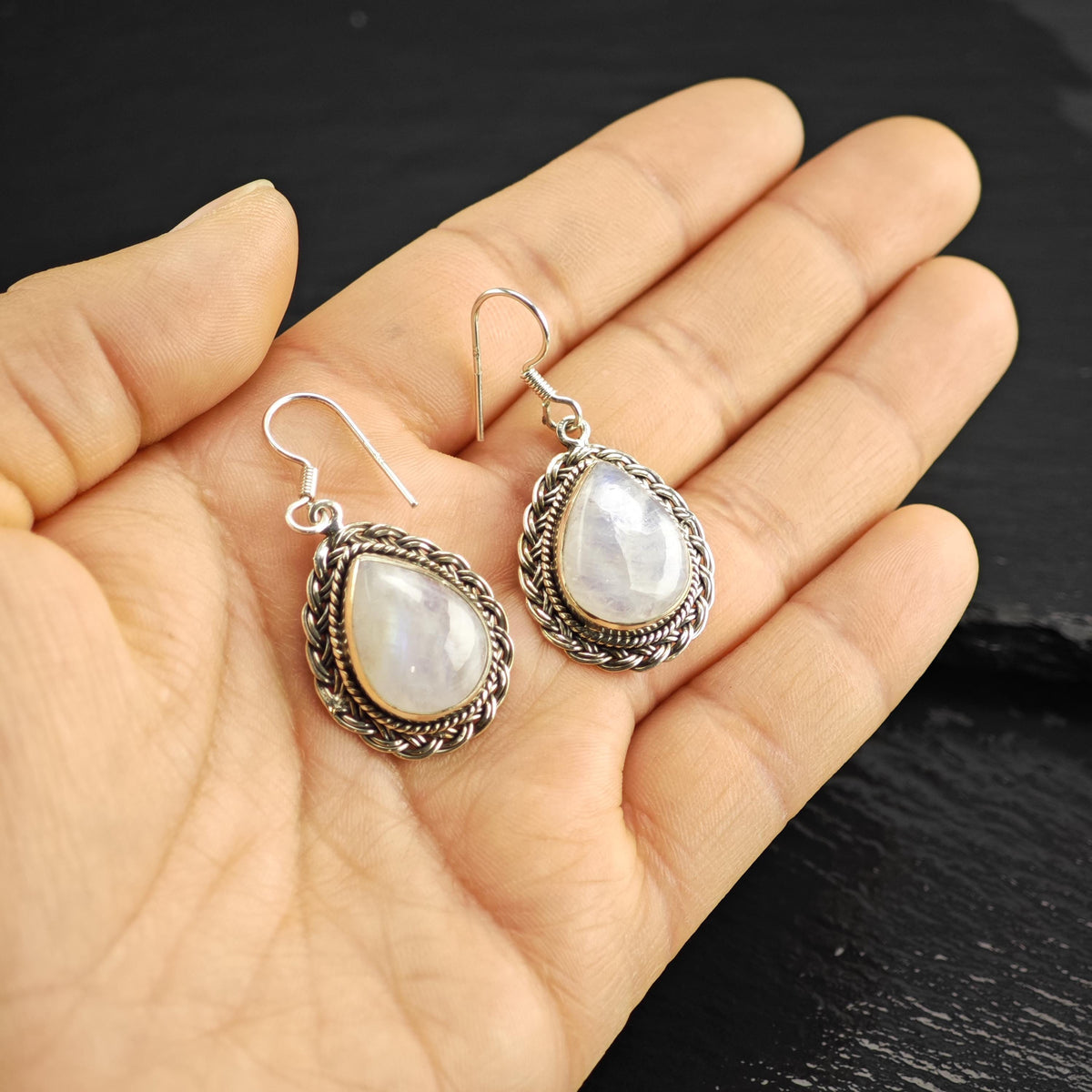 Teardrop Moonstone Braided Detail Sterling Silver Dangle Earrings ER3214