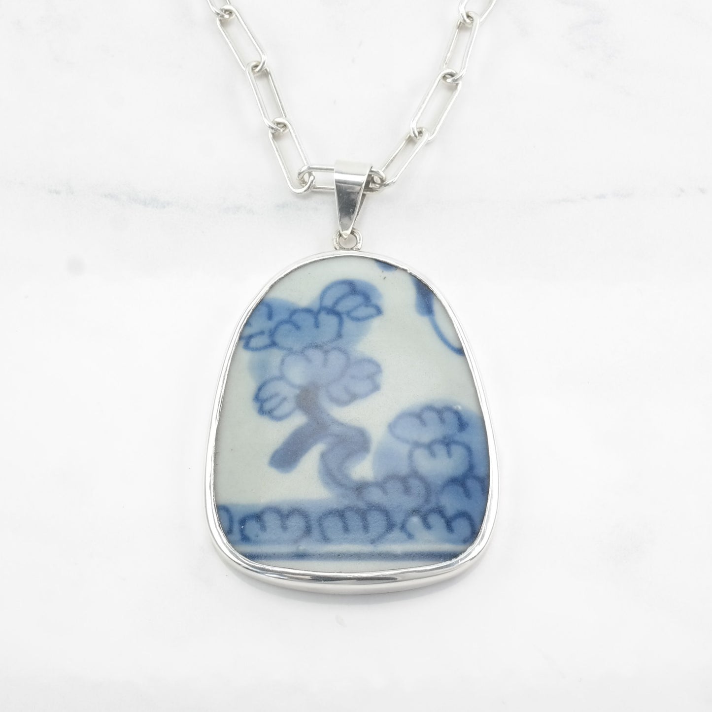 Chinese Sterling Silver Blue, White Painted Porcelain Trees Necklace